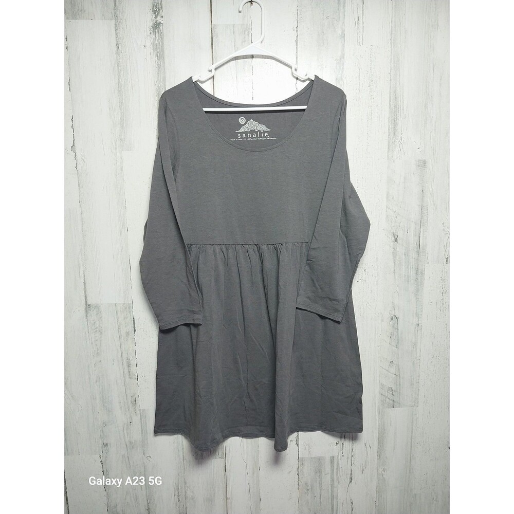 SAHALIE Womens Dress Gray Scoop Neck 3/4 Sleeve Comfort Stretch Cotton Blend M